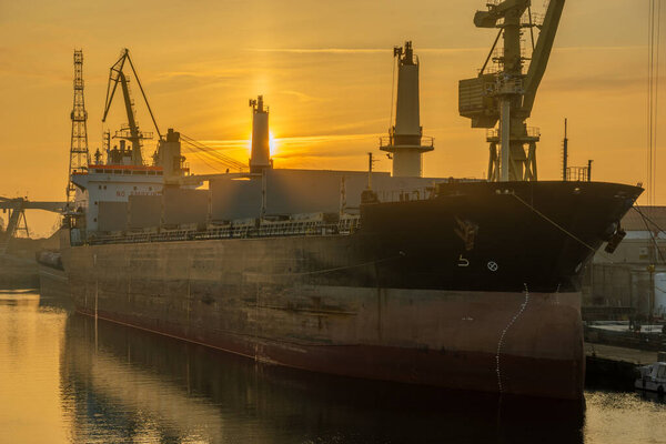 cargo ship in a shipyard