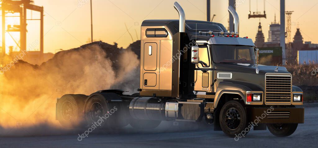 American Mack truck on the background of the industrial landscape