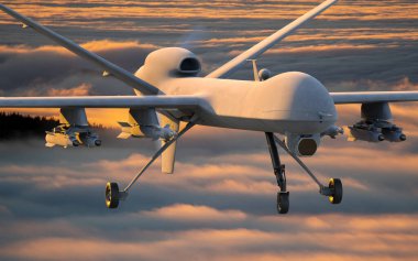 General Atomik MQ-9 Biçici İHA gün batımında dağların üzerinden uçuyor.