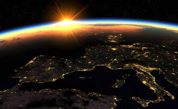 Sunrise over Europe, Earth as seen from space, 3D illustration