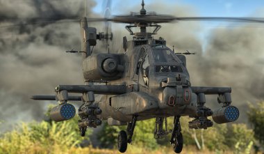 Savaş meydanında uçan Boeing AH-64 Apaçi