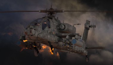 Savaş meydanında uçan Boeing AH-64 Apaçi