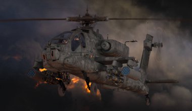 Boeing AH-64 Apache flying over the battlefield clipart