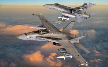 Boeing F / A-18E / F Super Hornet bulutların üzerinde uçuyor
