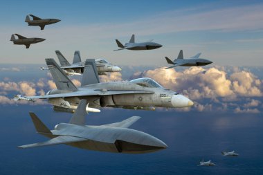 Mysliwce F-18, Boeing tarafından yürütülen deneysel sadık eküri programının insansız hava araçları tarafından desteklenmektedir.