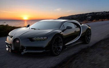 Bugatti Chiron manzaralı yolda gidiyor.