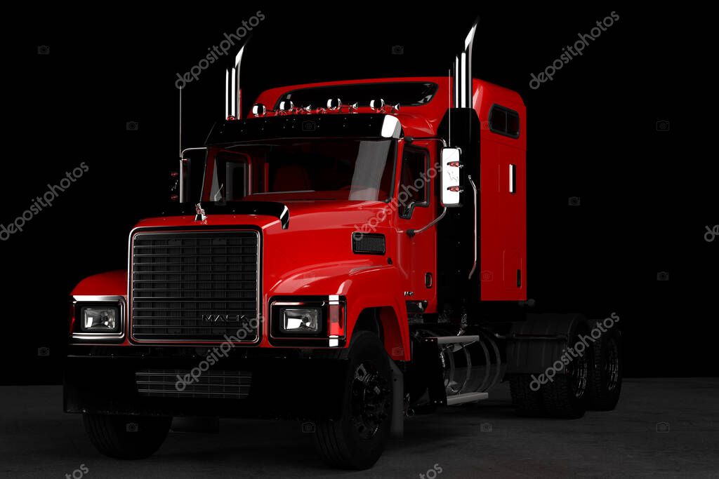 Classic American Mack truck in the studio against a black background