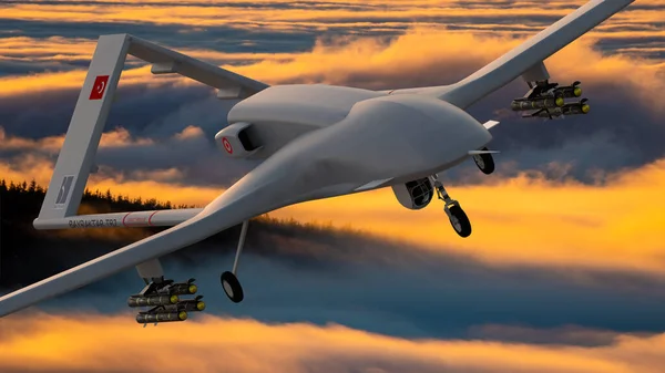 Török Bayraktar Tb2 Harci Drón Repül Felhők Felett — Stock Fotó