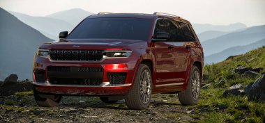 Güzel bir dağ manzarasının arka planında yeni bir Jeep Grand Cherokee L