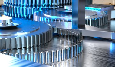 Aşı üretimi için ilaç imalat hattı. 3d illüstrasyon