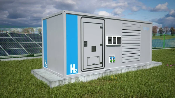 Fotovoltaik bir çiftlikten enerji alan yeşil hidrojen üretmek için kullanılan elektrolizerler.