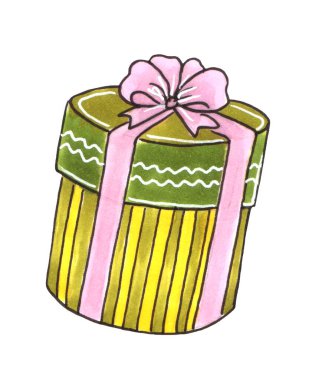 Renkli hediye kutusu, işaretli el çizimi tarzı.