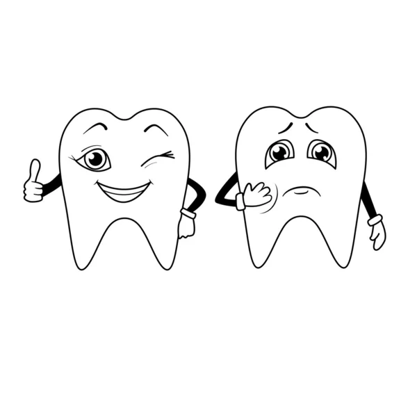 Libro para colorear. Dibujos animados de dientes tristes y felices — Vector de stock