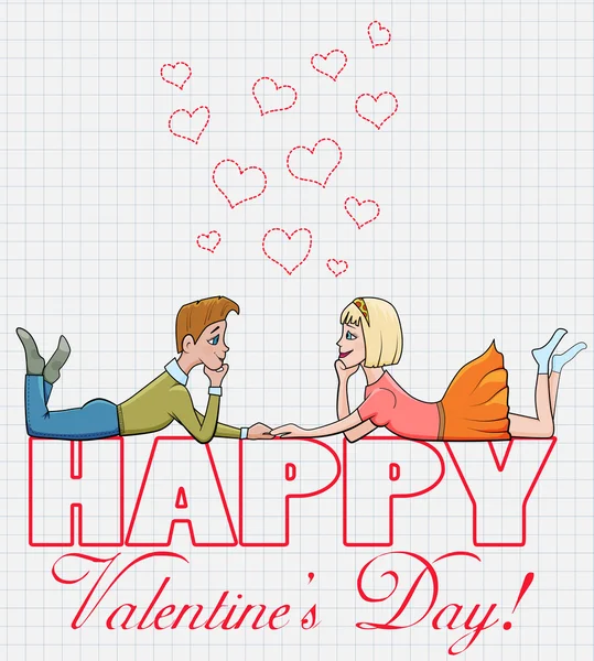 Postal colorida para San Valentín con pareja enamorada — Vector de stock