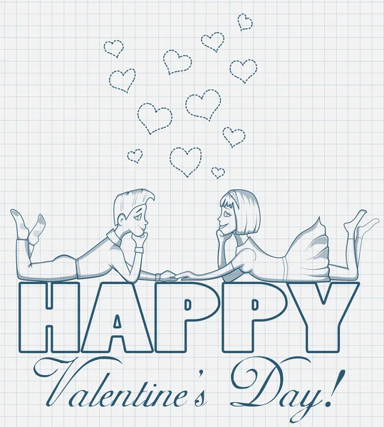 Postal para San Valentín con pareja enamorada en estilo sketch — Vector de stock