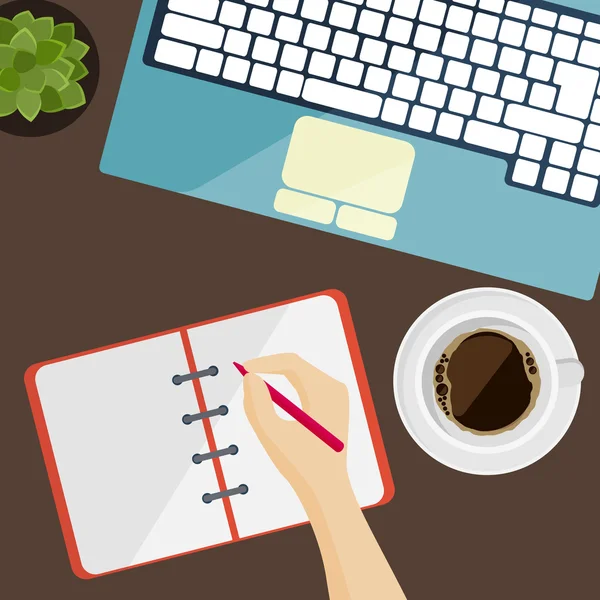 Part of keyboard, notepad and cup of coffee in flat design — Stock Vector