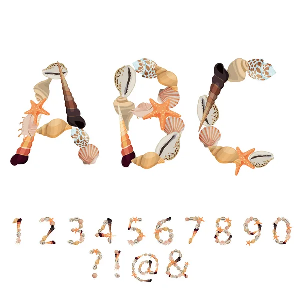 Nombres et symboles constitués de différents coquillages — Image vectorielle