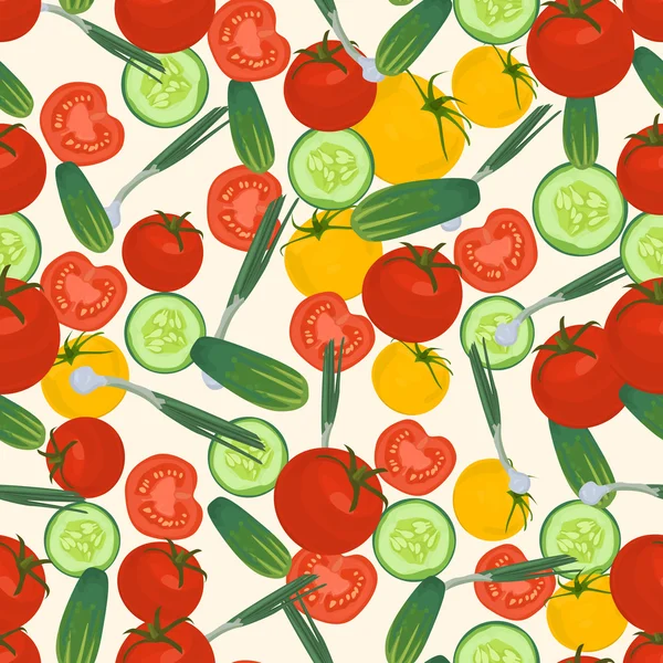 Naadloze kleurrijke achtergrond gemaakt van tomaat, groene ui enz — Stockvector