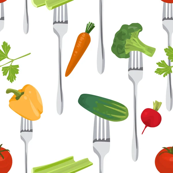 Fond coloré sans couture fait de légumes sur les fourchettes — Image vectorielle