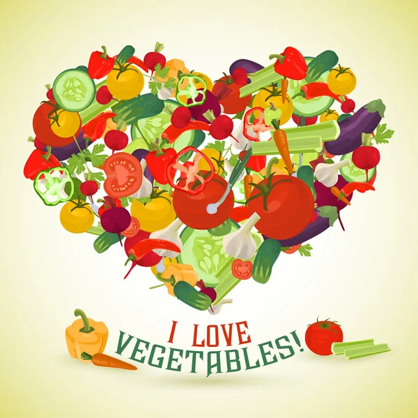 以下のテキストを持つさまざまな野菜の作られた心 — ストックベクタ