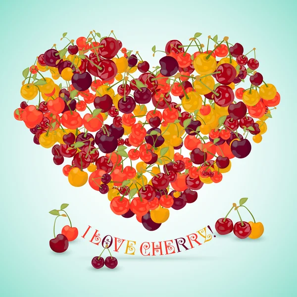 Heart made of different cherry with the text below — Stock Vector