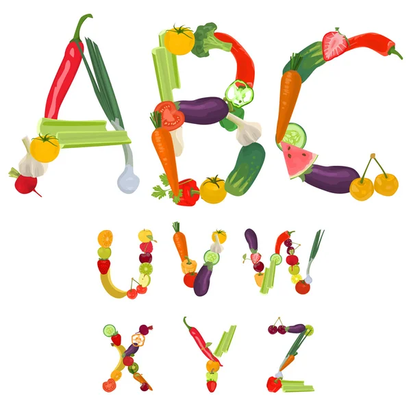 Alfabet gemaakt van fruit en groenten — Stockvector