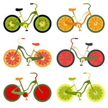 Collection of bikes with fruit wheels 