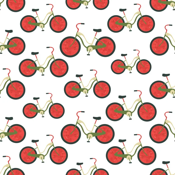 Seamless colorful background made of bikes with watermelon wheel — Stok Vektör