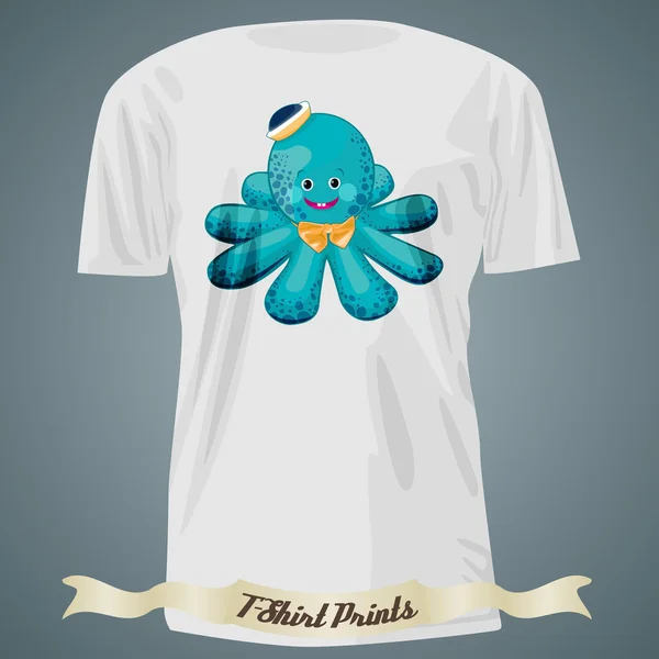 T-shirt design with cartoon of baby octopus in hat — Stock Vector