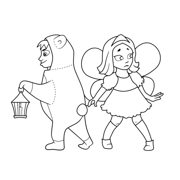 Livro para colorir com desenhos animados de menino em traje de urso com lanter —  Vetores de Stock