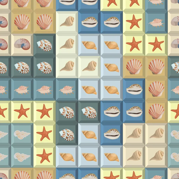 Sfondo colorato senza cuciture con conchiglie di mare su forme tetris — Vettoriale Stock