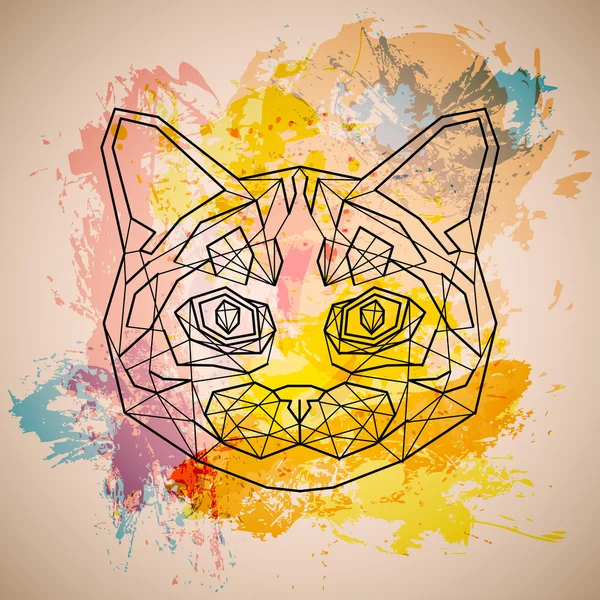 Cabeza de gato abstracto en diseño lineal en manchas de colores — Vector de stock