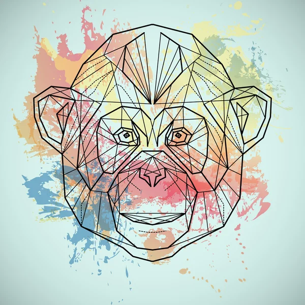 Cabeza de mono en diseño gráfico lineal en manchas de colores — Vector de stock