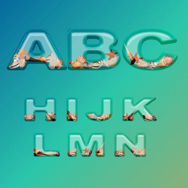 Alfabeto de vidrio estilizado lleno de conchas de mar — Vector de stock