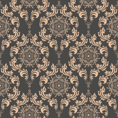 Arka planda kusursuz dekoratif süs. Arka planda çiçek süsü var. Duvar kağıdı deseni