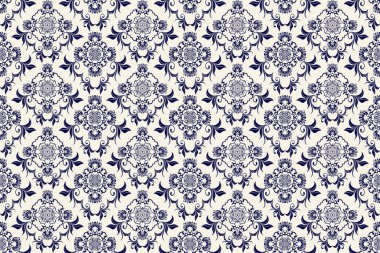 Arka planda kusursuz bir süs. Arka planda çiçek süsü var. Duvar kağıdı deseni. İç mekanının tasarımı için bir şablon. Vektör illüstrasyonu