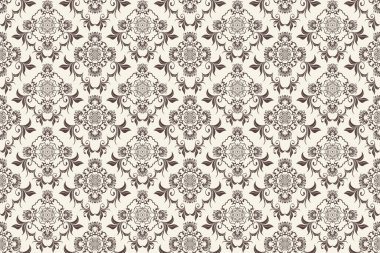 Arka planda kusursuz bir süs. Arka planda çiçek süsü var. Duvar kağıdı deseni. İç mekanının tasarımı için bir şablon. Vektör illüstrasyonu