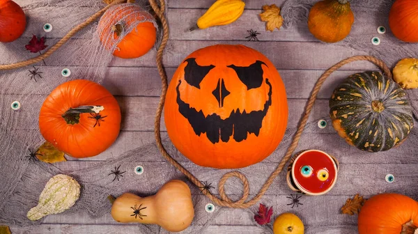 Pumpkin autumn halloween scenery on a wooden desk. Scary jack o lantern and spiders walking between pumpkins. Spooky halloween scene