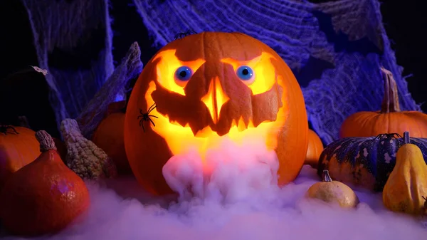 Abóbora Halloween Jack Lanterna Com Fumaça Pesada Abóboras Halloween Fundo Fotografia De Stock