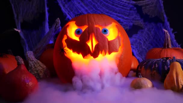 Halloween Kürbis Jack Laterne Mit Starkem Rauch Halloween Kürbisse Vor — Stockvideo