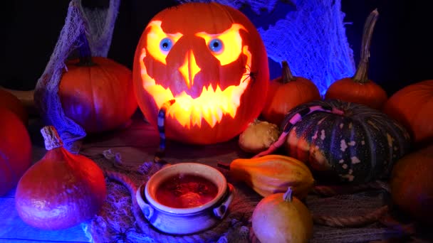 Abóbora Halloween Jack Lanterna Poção Cozinha Caldeirão Bruxa Decoração Festa — Vídeo de Stock