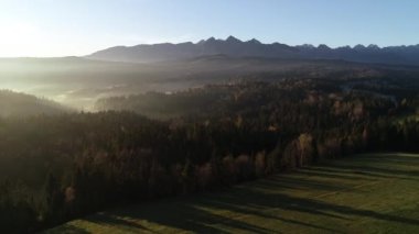 Gün doğumundan sonra, güneş doğduktan sonraki güneşli sabahta Tatra yüksek dağlarının sonbahar manzarası. Sisli ormanın ve sihirli alp manzarasının insansız hava aracı görüntüleri.