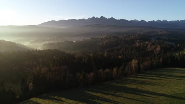 Vista Aérea Del Paisaje Montañoso Otoñal Después Del Amanecer Tatra — Vídeos de Stock