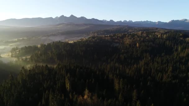 Paisagem Montanhas Com Nevoeiro Matutino Vista Aérea Tatra Altas Montanhas — Vídeo de Stock