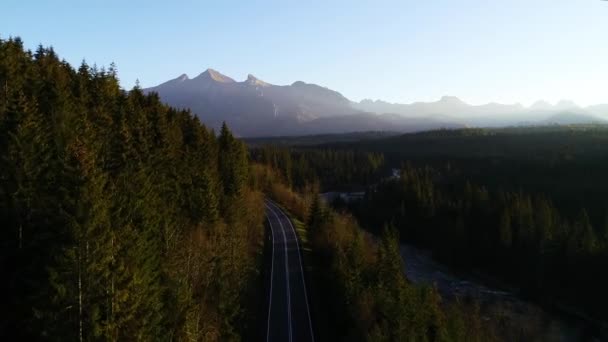 Vista Aérea Carretera Serpenteada Río Rocoso Hermoso Otoño Cálido Las — Vídeo de stock