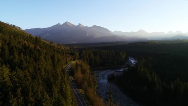 从空中俯瞰高山曲折的道路 美丽温暖的秋天 在群山中 阳光清澈的道路穿过五彩斑斓的森林 野外山景中公路的史诗般的无人驾驶镜头 — 图库视频影像