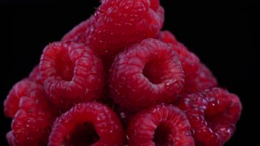 Siyah arka planda dönen ahududu, yakın plan, manzara. Taze, sert ve lezzetli ahududu ve 4 bin dolarlık nane yaprağı. Çiğ vejetaryen yaz atıştırmaları, orman meyveleri..