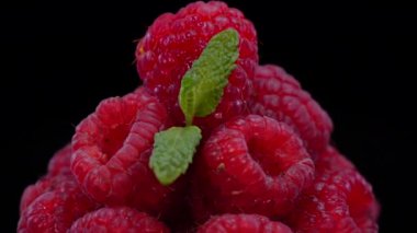 Siyah arka planda dönen ahududu, yakın plan, manzara. Taze, sert ve lezzetli ahududu ve 4 bin dolarlık nane yaprağı. Çiğ vejetaryen yaz atıştırmaları, orman meyveleri..