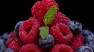 Siyah arka planda dönen ahududu ve yaban mersini. Taze, sert ve lezzetli böğürtlenler ve nane şekeri. Çiğ vejetaryen yaz atıştırmaları, orman meyveleri..