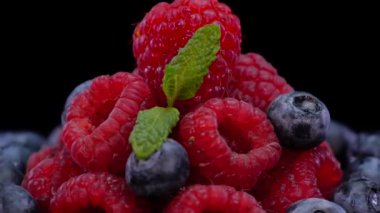 Siyah arka planda dönen ahududu ve yaban mersini. Taze, sert ve lezzetli böğürtlenler ve nane şekeri. Çiğ vejetaryen yaz atıştırmaları, orman meyveleri..